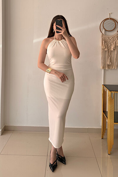 Sorridi Beyaz Halter Yaka Boyun Aksesuarlı Elbise