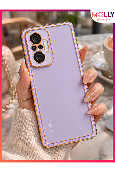 Molly REDMİ NOTE 10 PRO İçin Lila Aurora Taş Dokulu Altın Detaylı Şeffaf Kame...