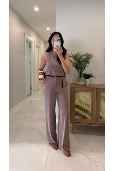 BİRCANÇİL Set pantaloni și bluză Janly din nurcă cu centură