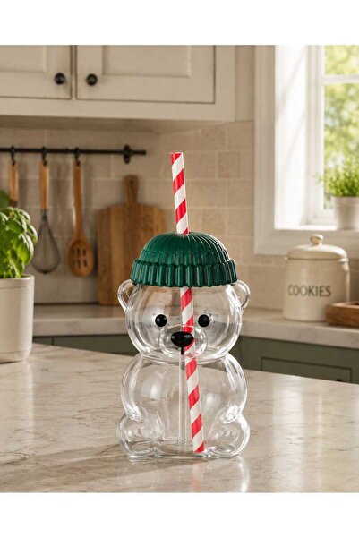 kurt41 Premium Glass Barista Cold Drink Cup with Teddy Bear Design 550 ml