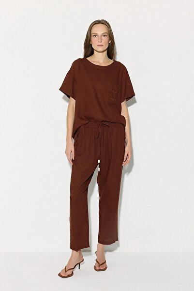 Gusto Elastic Waist Carrot Cut Linen Trousers - Tile