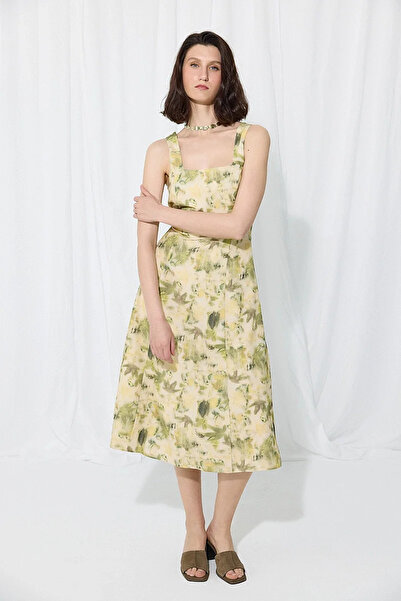 Gusto Rochie din in cu guler pătrat Eco Print Iz Collection - Verde