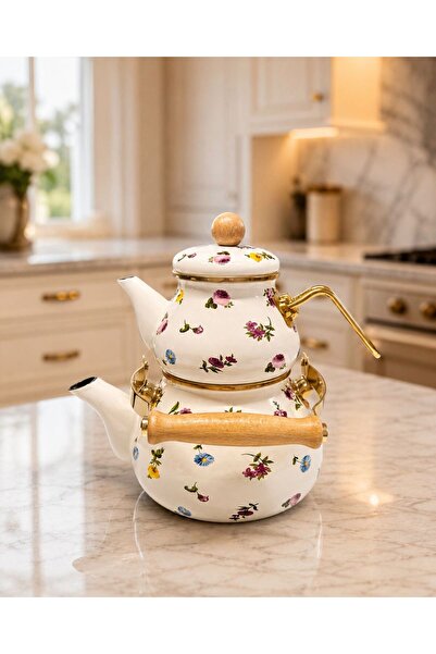 Santara Acar Petit Fleur Teapot with Enamel Gold Detail and Wooden Handle