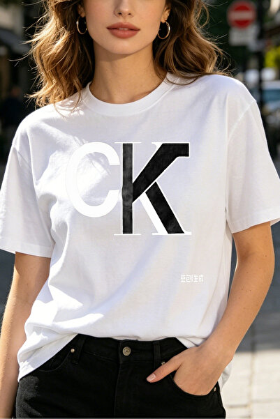 Fleck Womens T Shirts CK Logo Print Oversized Casual Basic White Top Fashion ...