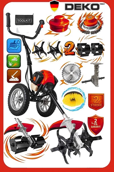 DEKO TURKEY 4IN1 Çok Fonksiyonlu Tekerlekli Mini Çapalama Makinesi + Tekerlek...