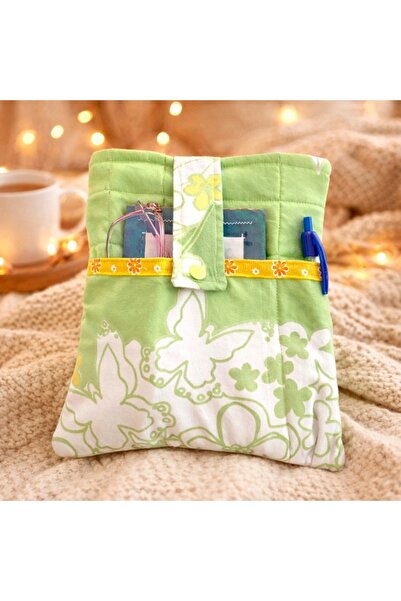 Lucille Craftshop Husă pentru carte verde cu flori și panglică galbenă, Handm...