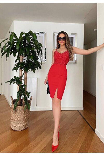 1Moda1Tarz Imported Crepe Fabric Pearl Embroidered Slit Detailed Strap Lined ...