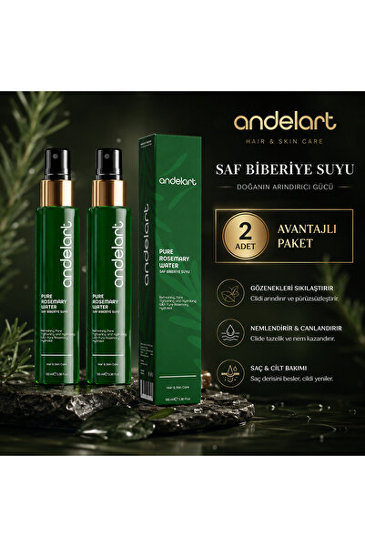 andelart Pure Rosemary Water Saf Biberiye Suyu 100 ml x 2 Adet Avantajlı Paket Saç ve Cilt Bakım Suyu