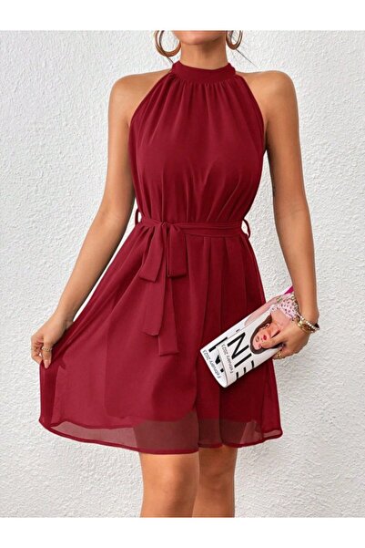 Modayakamoz Women's Off-The-Shoulder Turtleneck Waist Belted Short Chiffon Dress