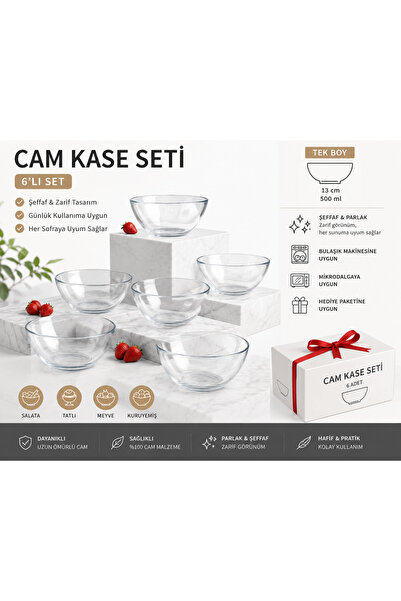 Sunny Tek Boy 6'lı Cam Kase Seti 500 ml Şeffaf Çok Amaçlı Servis Kasesi 13 cm