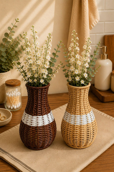 Chefstar HASIR GÖRÜNÜMLÜ DEKORATİF RATTAN VAZO BOHEM EV DEKORASYONU ÇİÇEKLİK