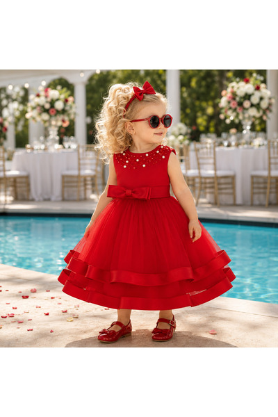 Bebelul Red occasion dress for girls with pearls