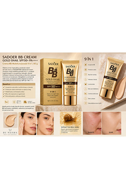 SADOER BB Golden Snail Cream 9 în 1 SPF 50+ PA++++ – Acoperire Ridicată, Hidratare și Protecție UV
