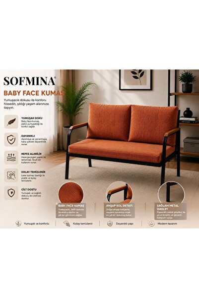 Sofmina Loft İkili Koltuk Ahşap Kollu Metal İskelet Fitilli Baby Face Kumaş O...