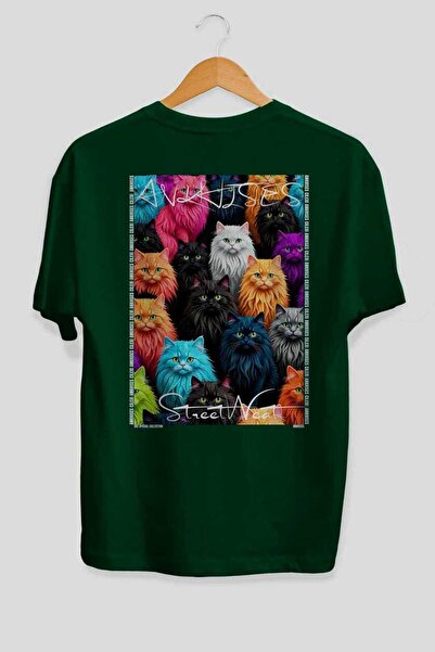 Ankhises 34 Cats for Cat Lovers Printed Green Oversize T-Shirt 100% Cotton Un...