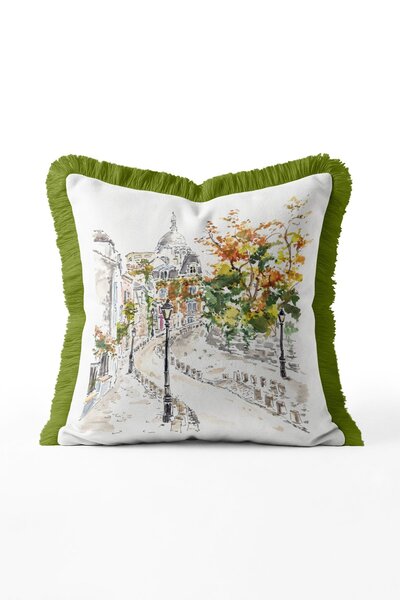 IdeCraft Domed Street View Fringed Throw Pillow Cover - White Background with...