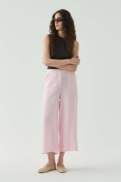 Molene Pembe Kesik Detaylı Crop Keten Pantolon