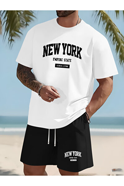ship master Men's Oversize New York Empire State Printed T-Shirt Shorts Set 1...