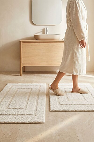 Menderes Home Cotton Collection Trend 2-Piece Bath Mat Cream 60X100+50X60 cm