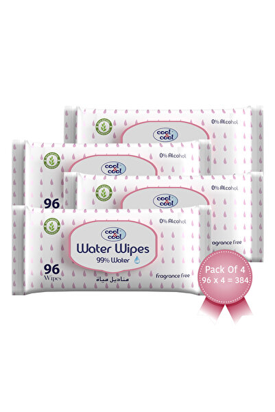 COOL & COOL Aqua Wipes 96s (Pack of 4) - 99% AQUA, 0% Alcohol, Ultra Sensitiv...