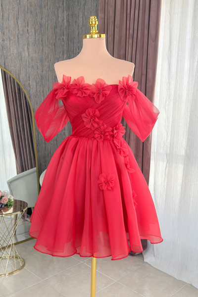 Lenta Moda Kırmızı Drapeli Çiçekli Karolin Etek Mini Parti Elbisesi