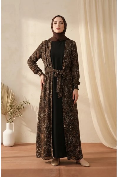 sefamerve Bürümcük Fabric Leopard Abaya Jile Double Set 0511-01 Black