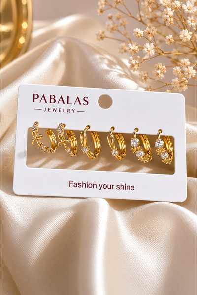PABALAS Xuping Premium 6'lı Küpe Seti Gold Renk Kararmaya Karşı Garantili Çel...