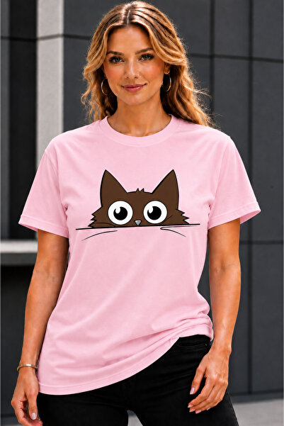 VODEXA Unisex Oversize T-Shirt Red Cat Printed 100% Cotton T-Shirt Comfortabl...