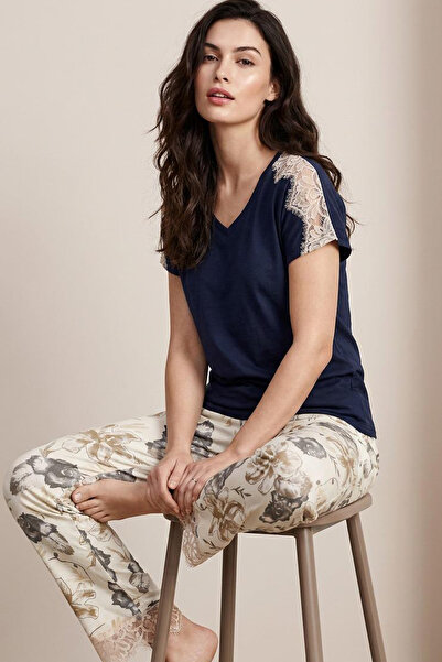 Siyah İnci Navy Blue Patterned Lace Detailed Viscose Knitted Pajama Set26119138