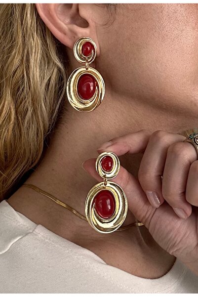 Niloshe&Sinoshe NS Accesories Burgundy Stone Detailed Gold Look Dangle Earrings