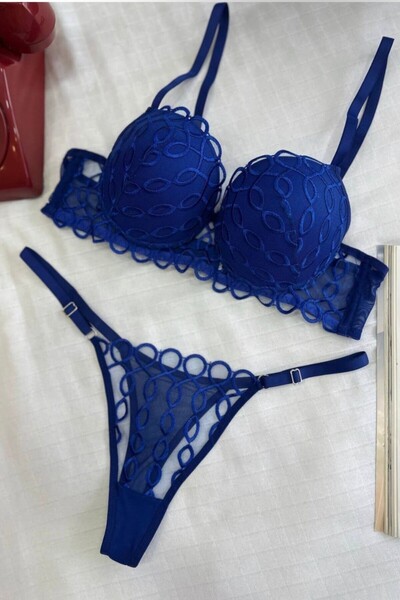 ents Σετ σουτιέν από διαφανές τούλι Saks Blue με κεντημένα γυναικεία εσώρουχα