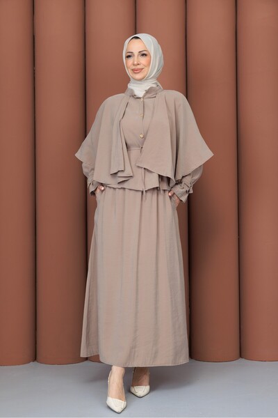 KMKkombin Women's Silk Cupra Suit with Sleeves, Buttons, and Cape Detail Skirt