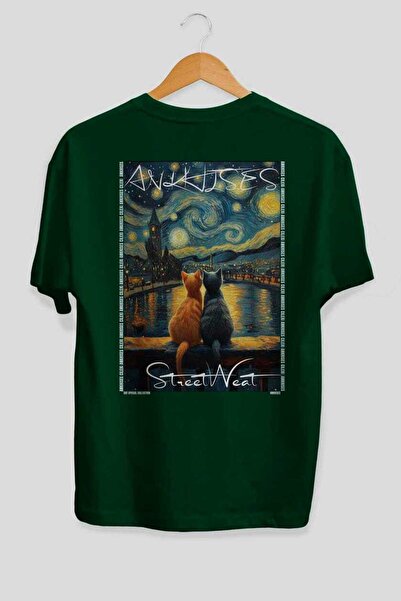 Ankhises 70 Cats for Cat Lovers Printed Green Oversize T-Shirt 100% Cotton Un...