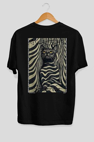 Ankhises For the Love of Cats 96 Cat Printed Black Oversize T-Shirt 100% Cott...