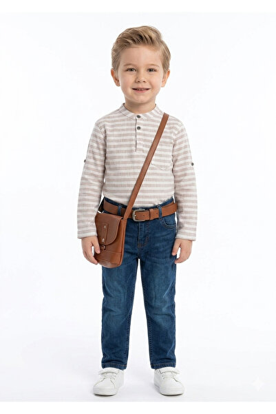 gülerçocuk Boys' Casual Outfit: Striped Shirt, Jeans, Belt, and Bag - 4-Piece...