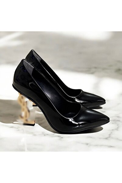 runa shoes Gold Metal Heel Detail Black Patent Leather Stiletto