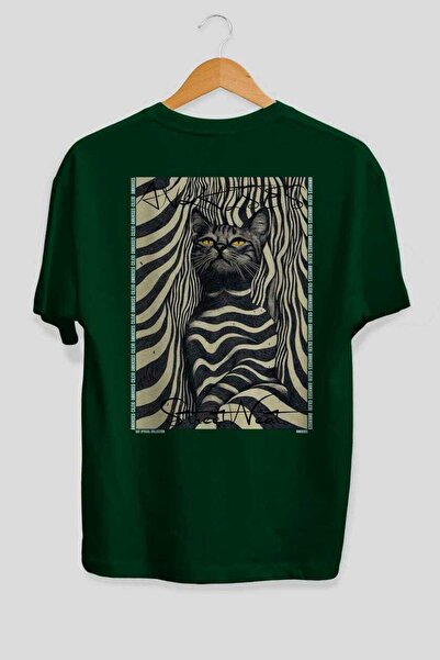 Ankhises For the Love of Cats 96 Cat Printed Green Oversize T-Shirt 100% Cott...