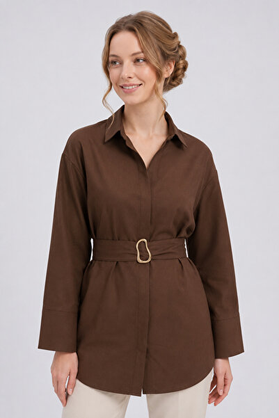 GLOW MUSE Buckle Belted Double Cuff Sleeve Hidden Button Tunic - Dark Brown