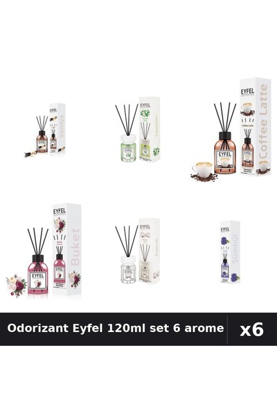 Eyfel Set 6 Odorizante Camera Betisoare 120ml - Vanilie, Iasomie, Cafea, Bouq...