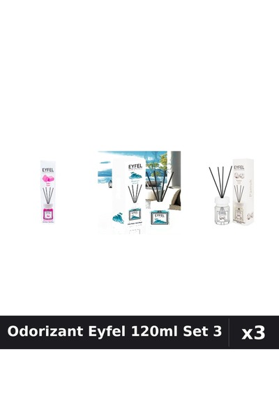 Eyfel Set 3 Odorizant Cameră Betișoare 120ml - Bubble Gum, Ocean, Bumbac