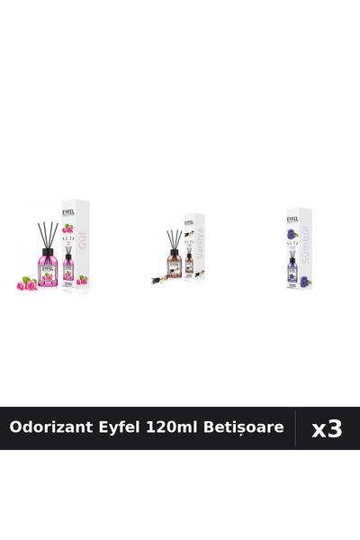 Eyfel Set 3 Odorizant Camera Betișoare 120ml - Trandafir, Vanilie, Zambile