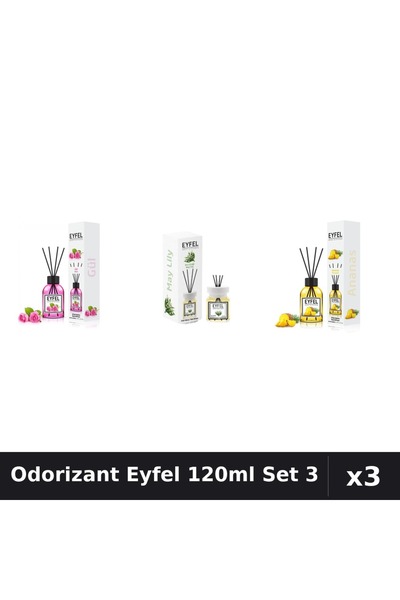 Eyfel Set 3 Odorizant Camera Betisoare 120ml - Trandafir, Lacramioare, Ananas