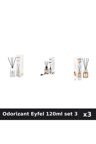 Eyfel Set 3 Odorizant Cameră Betișoare 120ml - Bumbac, Vanilie, Piersică