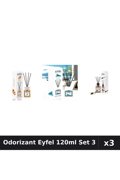 Eyfel Set 3 Odorizant Cameră Betișoare 120ml - Ocean, Piersică, Vanilie