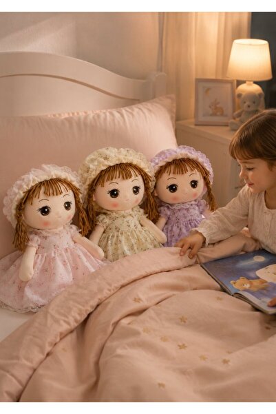 DAT Rag Doll Plush Soft Stuffed Doll 70cm with Floral Dress, Lace Bonnet & Yarn Braids, Pink Yellow Purple