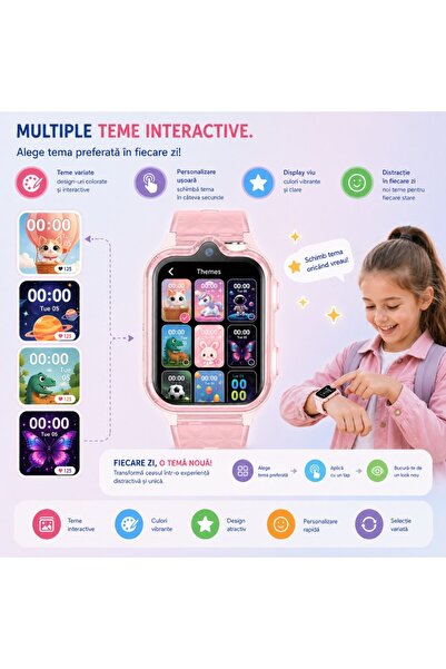 Techone Ceas Smartwatch Copii KT42, Dual Camera, Cu AI, GPS, Localizare, Super AMOLED, 4G LTE, Apel video,SOS, Roz