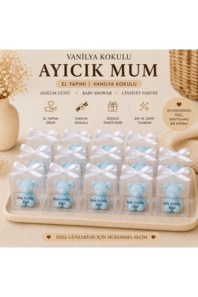 F&A Candle 20 ADET Kişiye Özel El Yapımı Mavi Ayıcık Mum – Vanilya Kokulu Nik...