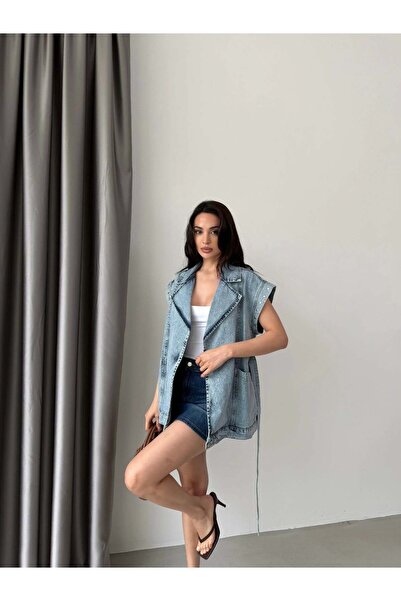 Moda Asrın Zımba Detaylı Kuşaklı Denim Yelek