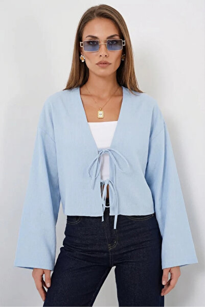 buğrahayalin Women's V-Neck Front Tie Viscose Blue Kimono