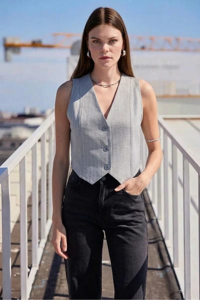 buğrahayalin Women's Sleeveless Striped Gray Vest